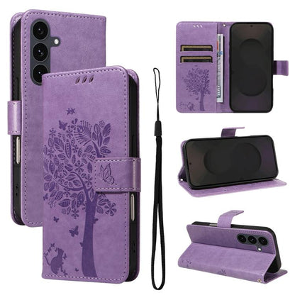 Tree & Cat Embossed Pattern Flip Leather Phone Case, For Galaxy S26 5G, For Galaxy S25 FE 5G, For Galaxy S25 / S24 5G, For Galaxy S25+ / S24+ 5G