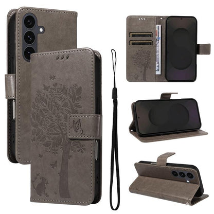 Tree & Cat Embossed Pattern Flip Leather Phone Case, For Galaxy S26 5G, For Galaxy S25 FE 5G, For Galaxy S25 / S24 5G, For Galaxy S25+ / S24+ 5G