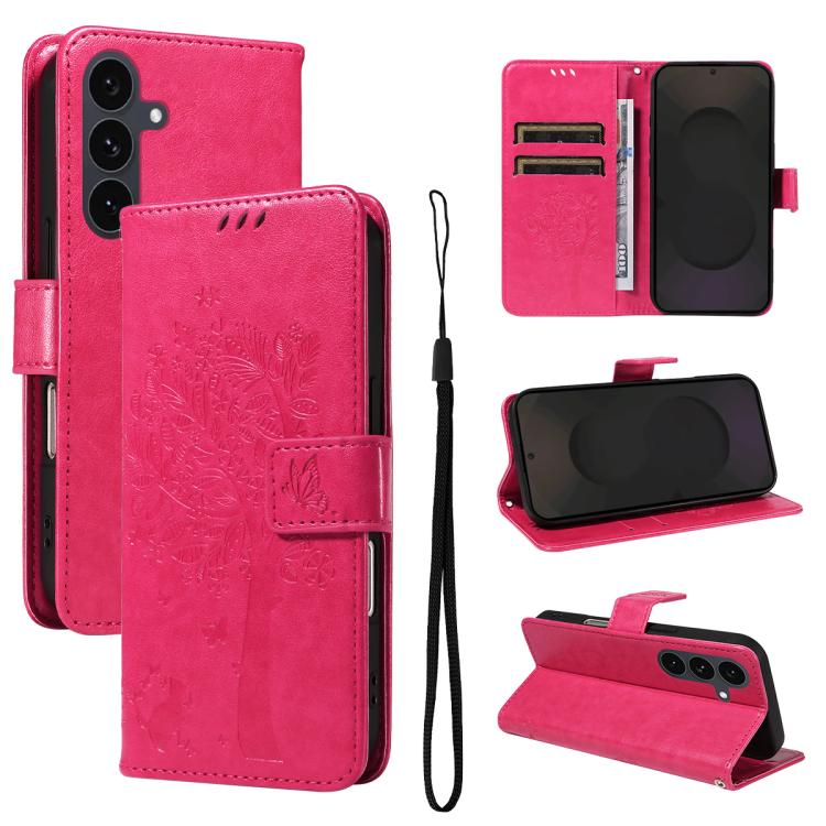 Tree & Cat Embossed Pattern Flip Leather Phone Case, For Galaxy S26 5G, For Galaxy S25 FE 5G, For Galaxy S25 / S24 5G, For Galaxy S25+ / S24+ 5G