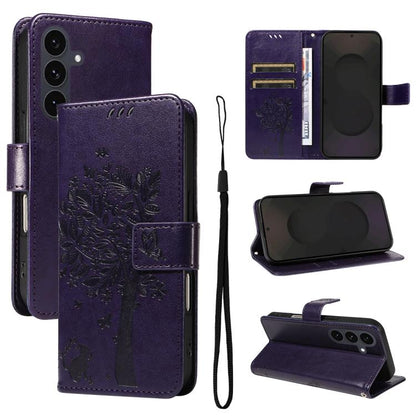 Tree & Cat Embossed Pattern Flip Leather Phone Case, For Galaxy S26 5G, For Galaxy S25 FE 5G, For Galaxy S25 / S24 5G, For Galaxy S25+ / S24+ 5G