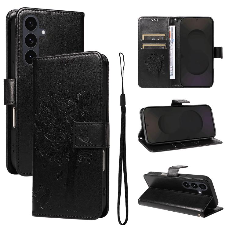 Tree & Cat Embossed Pattern Flip Leather Phone Case, For Galaxy S26 5G, For Galaxy S25 FE 5G, For Galaxy S25 / S24 5G, For Galaxy S25+ / S24+ 5G