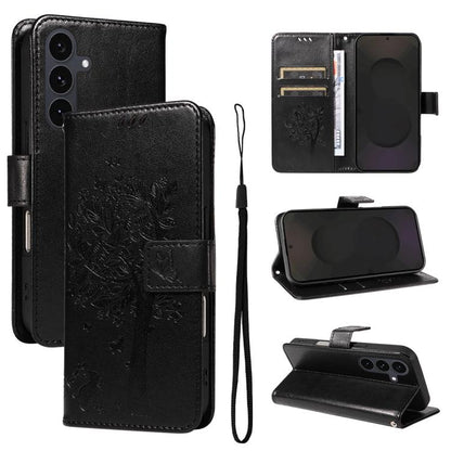 Tree & Cat Embossed Pattern Flip Leather Phone Case, For Galaxy S26 5G, For Galaxy S25 FE 5G, For Galaxy S25 / S24 5G, For Galaxy S25+ / S24+ 5G