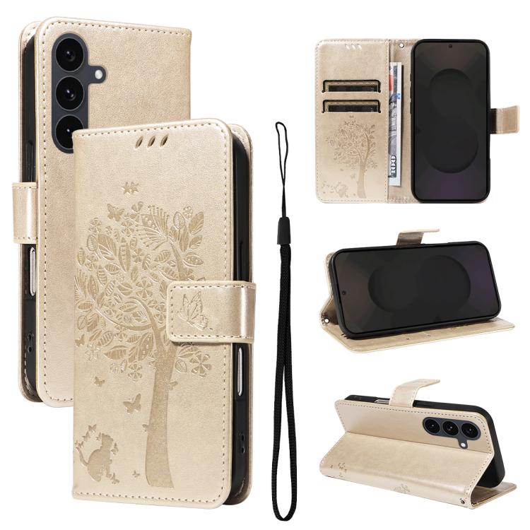 Tree & Cat Embossed Pattern Flip Leather Phone Case, For Galaxy S26 5G, For Galaxy S25 FE 5G, For Galaxy S25 / S24 5G, For Galaxy S25+ / S24+ 5G