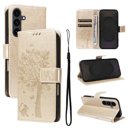 Tree & Cat Embossed Pattern Flip Leather Phone Case, For Galaxy S26 5G, For Galaxy S25 FE 5G, For Galaxy S25 / S24 5G, For Galaxy S25+ / S24+ 5G