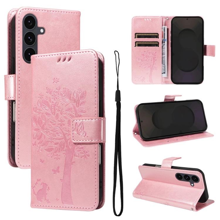 Tree & Cat Embossed Pattern Flip Leather Phone Case, For Galaxy S26 5G, For Galaxy S25 FE 5G, For Galaxy S25 / S24 5G, For Galaxy S25+ / S24+ 5G