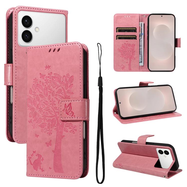 Tree & Cat Embossed Pattern Flip Leather Phone Case, For Galaxy S26 FE 5G, For Galaxy S26+ 5G, For Galaxy S26 Edge 5G, For Galaxy S26 Ultra 5G