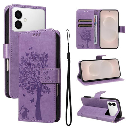Tree & Cat Embossed Pattern Flip Leather Phone Case, For Galaxy S26 FE 5G, For Galaxy S26+ 5G, For Galaxy S26 Edge 5G, For Galaxy S26 Ultra 5G
