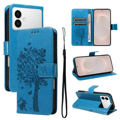 Tree & Cat Embossed Pattern Flip Leather Phone Case, For Galaxy S26 FE 5G, For Galaxy S26+ 5G, For Galaxy S26 Edge 5G, For Galaxy S26 Ultra 5G