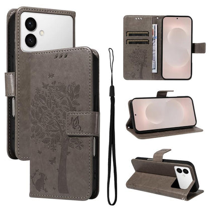 Tree & Cat Embossed Pattern Flip Leather Phone Case, For Galaxy S26 FE 5G, For Galaxy S26+ 5G, For Galaxy S26 Edge 5G, For Galaxy S26 Ultra 5G