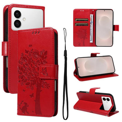 Tree & Cat Embossed Pattern Flip Leather Phone Case, For Galaxy S26 FE 5G, For Galaxy S26+ 5G, For Galaxy S26 Edge 5G, For Galaxy S26 Ultra 5G