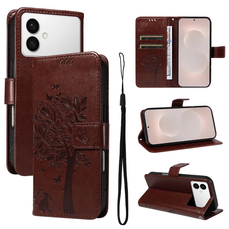 Tree & Cat Embossed Pattern Flip Leather Phone Case, For Galaxy S26 FE 5G, For Galaxy S26+ 5G, For Galaxy S26 Edge 5G, For Galaxy S26 Ultra 5G