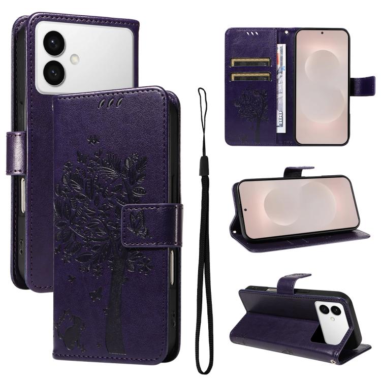 Tree & Cat Embossed Pattern Flip Leather Phone Case, For Galaxy S26 FE 5G, For Galaxy S26+ 5G, For Galaxy S26 Edge 5G, For Galaxy S26 Ultra 5G