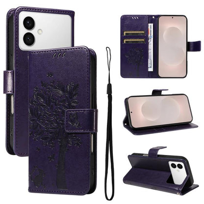 Tree & Cat Embossed Pattern Flip Leather Phone Case, For Galaxy S26 FE 5G, For Galaxy S26+ 5G, For Galaxy S26 Edge 5G, For Galaxy S26 Ultra 5G