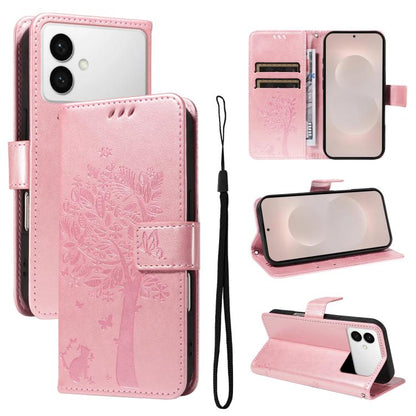 Tree & Cat Embossed Pattern Flip Leather Phone Case, For Galaxy S26 FE 5G, For Galaxy S26+ 5G, For Galaxy S26 Edge 5G, For Galaxy S26 Ultra 5G