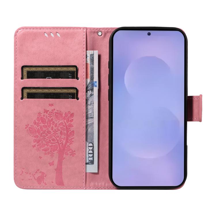 Tree & Cat Embossed Pattern Flip Leather Phone Case, For Galaxy S26 5G, For Galaxy S25 FE 5G, For Galaxy S25 / S24 5G, For Galaxy S25+ / S24+ 5G