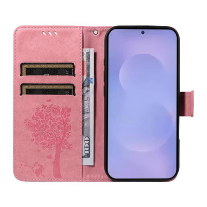 Tree & Cat Embossed Pattern Flip Leather Phone Case, For Galaxy S26 5G, For Galaxy S25 FE 5G, For Galaxy S25 / S24 5G, For Galaxy S25+ / S24+ 5G