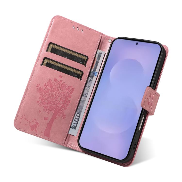Tree & Cat Embossed Pattern Flip Leather Phone Case, For Galaxy S26 5G, For Galaxy S25 FE 5G, For Galaxy S25 / S24 5G, For Galaxy S25+ / S24+ 5G