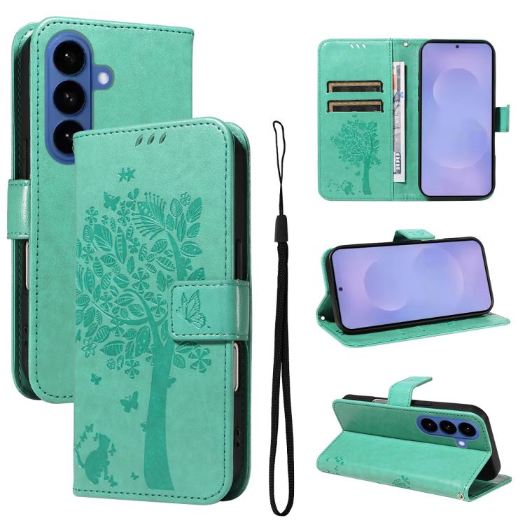 Tree & Cat Embossed Pattern Flip Leather Phone Case, For Galaxy S26 5G, For Galaxy S25 FE 5G, For Galaxy S25 / S24 5G, For Galaxy S25+ / S24+ 5G