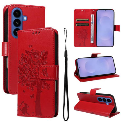 Tree & Cat Embossed Pattern Flip Leather Phone Case, For Galaxy S26 5G, For Galaxy S25 FE 5G, For Galaxy S25 / S24 5G, For Galaxy S25+ / S24+ 5G