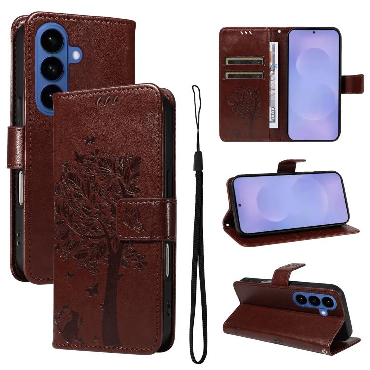 Tree & Cat Embossed Pattern Flip Leather Phone Case, For Galaxy S26 5G, For Galaxy S25 FE 5G, For Galaxy S25 / S24 5G, For Galaxy S25+ / S24+ 5G