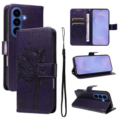 Tree & Cat Embossed Pattern Flip Leather Phone Case, For Galaxy S26 5G, For Galaxy S25 FE 5G, For Galaxy S25 / S24 5G, For Galaxy S25+ / S24+ 5G