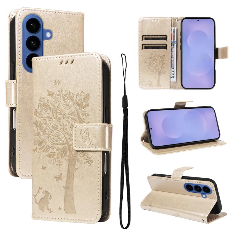 Tree & Cat Embossed Pattern Flip Leather Phone Case, For Galaxy S26 5G, For Galaxy S25 FE 5G, For Galaxy S25 / S24 5G, For Galaxy S25+ / S24+ 5G