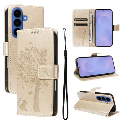 Tree & Cat Embossed Pattern Flip Leather Phone Case, For Galaxy S26 5G, For Galaxy S25 FE 5G, For Galaxy S25 / S24 5G, For Galaxy S25+ / S24+ 5G