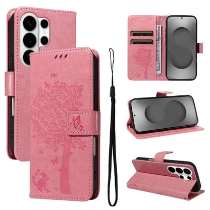 Tree & Cat Embossed Pattern Flip Leather Phone Case, For Galaxy S26 FE 5G, For Galaxy S26+ 5G, For Galaxy S26 Edge 5G, For Galaxy S26 Ultra 5G