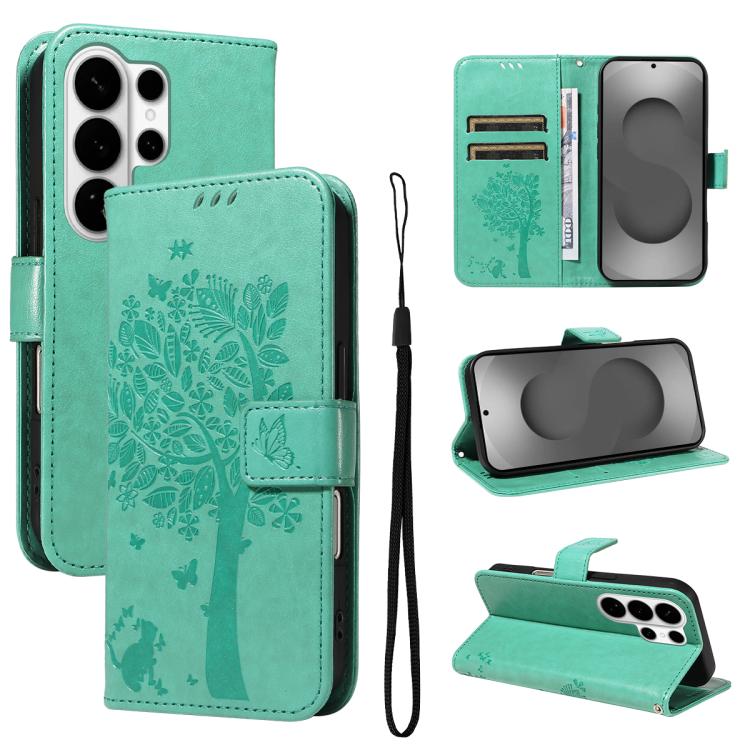 Tree & Cat Embossed Pattern Flip Leather Phone Case, For Galaxy S26 FE 5G, For Galaxy S26+ 5G, For Galaxy S26 Edge 5G, For Galaxy S26 Ultra 5G