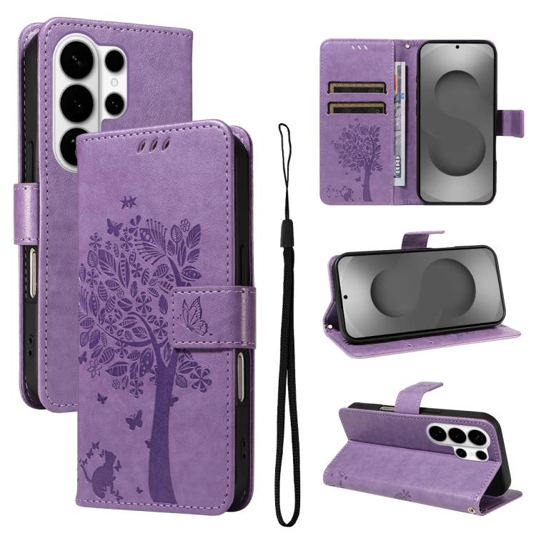 Tree & Cat Embossed Pattern Flip Leather Phone Case, For Galaxy S26 FE 5G, For Galaxy S26+ 5G, For Galaxy S26 Edge 5G, For Galaxy S26 Ultra 5G