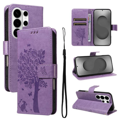 Tree & Cat Embossed Pattern Flip Leather Phone Case, For Galaxy S26 FE 5G, For Galaxy S26+ 5G, For Galaxy S26 Edge 5G, For Galaxy S26 Ultra 5G