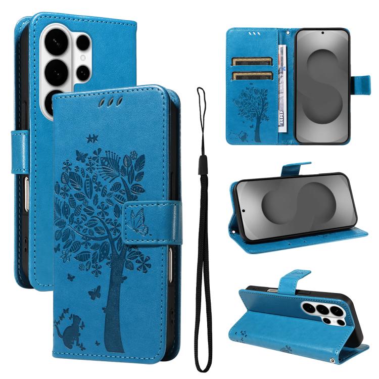 Tree & Cat Embossed Pattern Flip Leather Phone Case, For Galaxy S26 FE 5G, For Galaxy S26+ 5G, For Galaxy S26 Edge 5G, For Galaxy S26 Ultra 5G