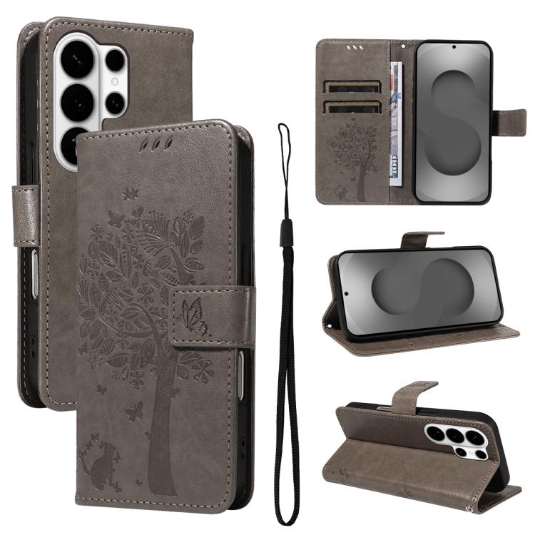 Tree & Cat Embossed Pattern Flip Leather Phone Case, For Galaxy S26 FE 5G, For Galaxy S26+ 5G, For Galaxy S26 Edge 5G, For Galaxy S26 Ultra 5G