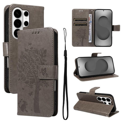 Tree & Cat Embossed Pattern Flip Leather Phone Case, For Galaxy S26 FE 5G, For Galaxy S26+ 5G, For Galaxy S26 Edge 5G, For Galaxy S26 Ultra 5G
