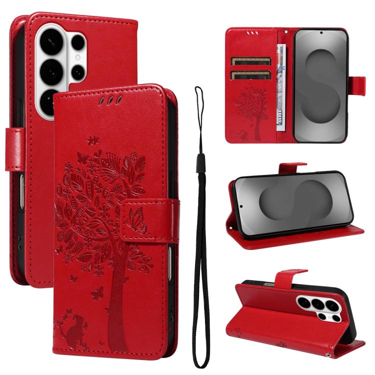 Tree & Cat Embossed Pattern Flip Leather Phone Case, For Galaxy S26 FE 5G, For Galaxy S26+ 5G, For Galaxy S26 Edge 5G, For Galaxy S26 Ultra 5G
