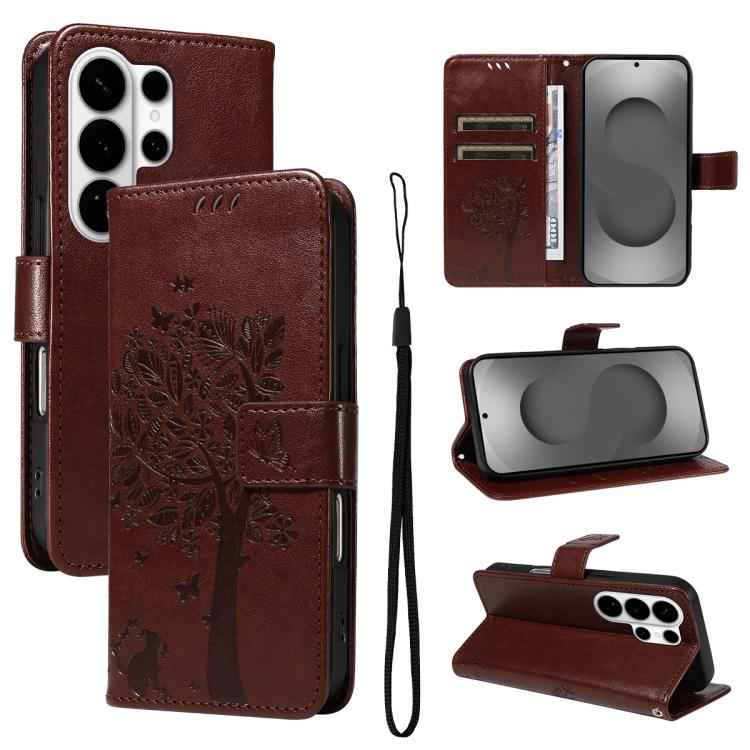 Tree & Cat Embossed Pattern Flip Leather Phone Case, For Samsung Galaxy S26+ 5G, For Samsung Galaxy S26 Edge 5G, For Samsung Galaxy S26 Ultra 5G, For Samsung Galaxy S26 5G