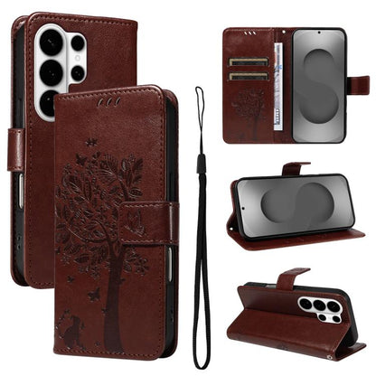 Tree & Cat Embossed Pattern Flip Leather Phone Case, For Galaxy S26 FE 5G, For Galaxy S26+ 5G, For Galaxy S26 Edge 5G, For Galaxy S26 Ultra 5G