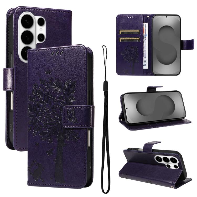 Tree & Cat Embossed Pattern Flip Leather Phone Case, For Galaxy S26 FE 5G, For Galaxy S26+ 5G, For Galaxy S26 Edge 5G, For Galaxy S26 Ultra 5G