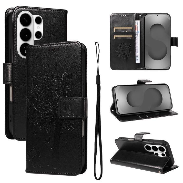 Tree & Cat Embossed Pattern Flip Leather Phone Case, For Galaxy S26 FE 5G, For Galaxy S26+ 5G, For Galaxy S26 Edge 5G, For Galaxy S26 Ultra 5G