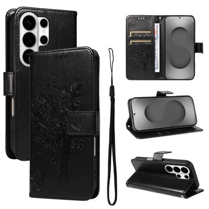 Tree & Cat Embossed Pattern Flip Leather Phone Case, For Galaxy S26 FE 5G, For Galaxy S26+ 5G, For Galaxy S26 Edge 5G, For Galaxy S26 Ultra 5G