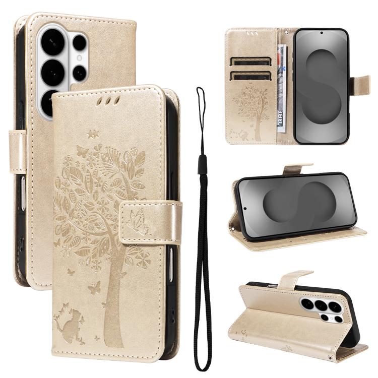 Tree & Cat Embossed Pattern Flip Leather Phone Case, For Galaxy S26 FE 5G, For Galaxy S26+ 5G, For Galaxy S26 Edge 5G, For Galaxy S26 Ultra 5G