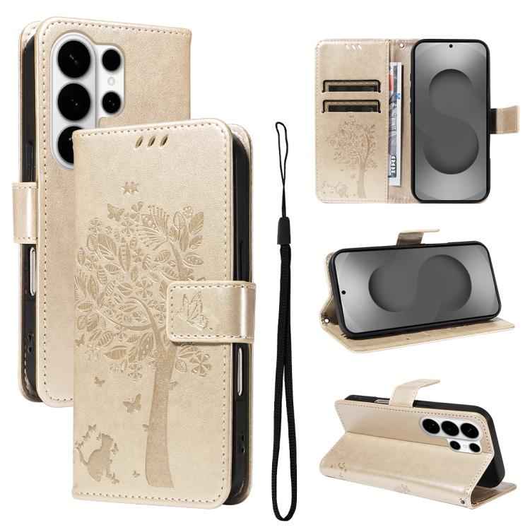 Tree & Cat Embossed Pattern Flip Leather Phone Case, For Samsung Galaxy S26+ 5G, For Samsung Galaxy S26 Edge 5G, For Samsung Galaxy S26 Ultra 5G, For Samsung Galaxy S26 5G