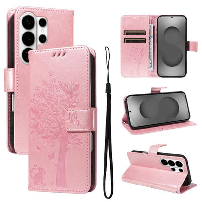 Tree & Cat Embossed Pattern Flip Leather Phone Case, For Galaxy S26 FE 5G, For Galaxy S26+ 5G, For Galaxy S26 Edge 5G, For Galaxy S26 Ultra 5G