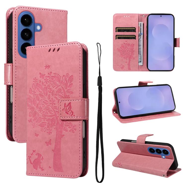 Tree & Cat Embossed Pattern Flip Leather Phone Case, For Galaxy S26 FE 5G, For Galaxy S26+ 5G, For Galaxy S26 Edge 5G, For Galaxy S26 Ultra 5G