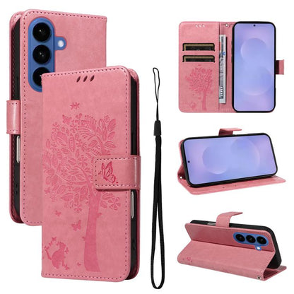 Tree & Cat Embossed Pattern Flip Leather Phone Case, For Galaxy S26 FE 5G, For Galaxy S26+ 5G, For Galaxy S26 Edge 5G, For Galaxy S26 Ultra 5G