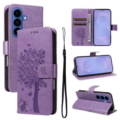 Tree & Cat Embossed Pattern Flip Leather Phone Case, For Galaxy S26 FE 5G, For Galaxy S26+ 5G, For Galaxy S26 Edge 5G, For Galaxy S26 Ultra 5G