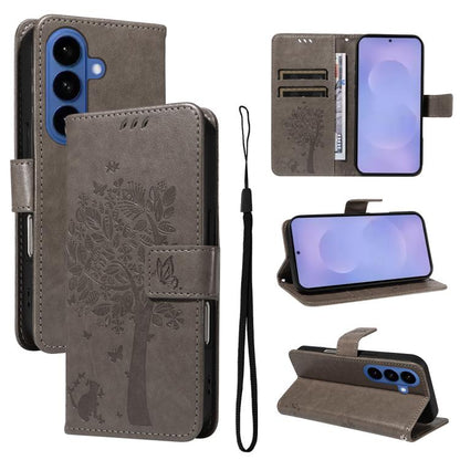 Tree & Cat Embossed Pattern Flip Leather Phone Case, For Galaxy S26 FE 5G, For Galaxy S26+ 5G, For Galaxy S26 Edge 5G, For Galaxy S26 Ultra 5G