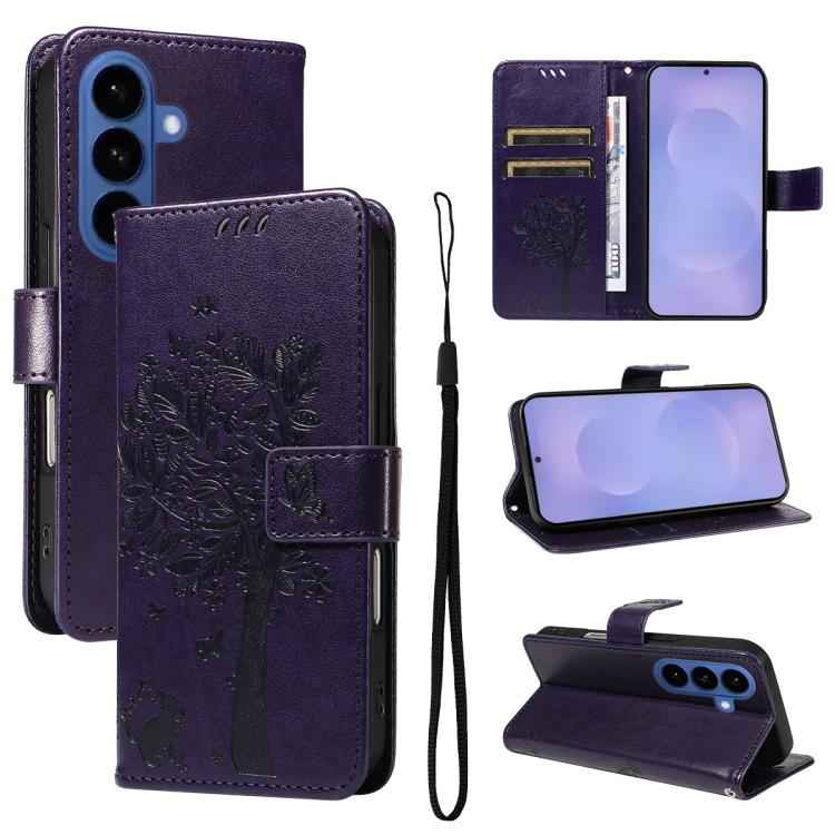 Tree & Cat Embossed Pattern Flip Leather Phone Case, For Samsung Galaxy S26+ 5G, For Samsung Galaxy S26 Edge 5G, For Samsung Galaxy S26 Ultra 5G, For Samsung Galaxy S26 5G