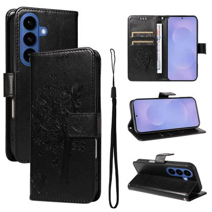 Tree & Cat Embossed Pattern Flip Leather Phone Case, For Galaxy S26 FE 5G, For Galaxy S26+ 5G, For Galaxy S26 Edge 5G, For Galaxy S26 Ultra 5G