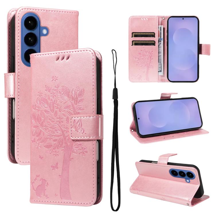Tree & Cat Embossed Pattern Flip Leather Phone Case, For Galaxy S26 FE 5G, For Galaxy S26+ 5G, For Galaxy S26 Edge 5G, For Galaxy S26 Ultra 5G